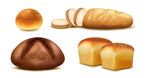 Boulangerie Réaliste Sertie De Pain De Blé Et De Seigle En Tranches De Pain Et Brioche Avec Illustration Vectorielle De Sésame Isolé