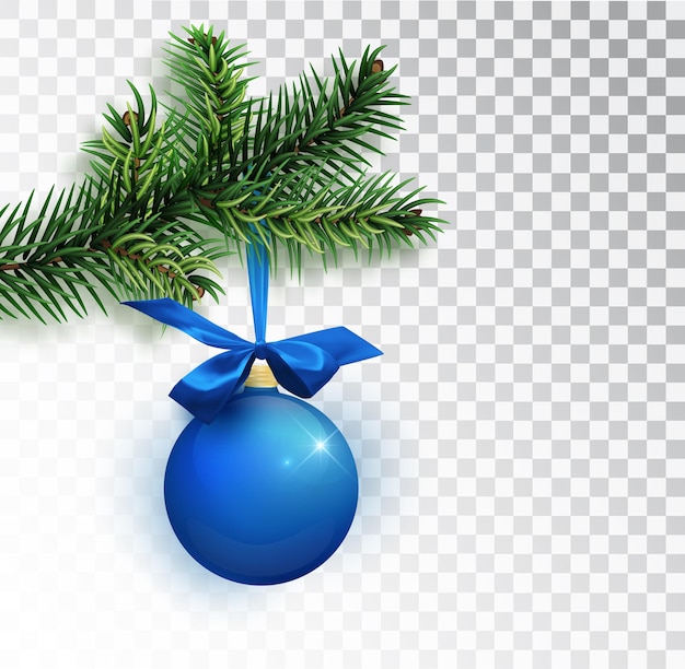 Vecteur gratuit boule bleue de noël accrochée aux branches de sapin. isolé sur fond transparent