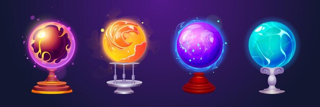 Boule magique de cristal vecteur sphère de verre icône de diseur de bonne aventure cercle occulte de glace et de flamme ensemble magicien sorcier rond de feu puissance briller pour la prédiction spirituelle ui objet de jeu de sorcellerie