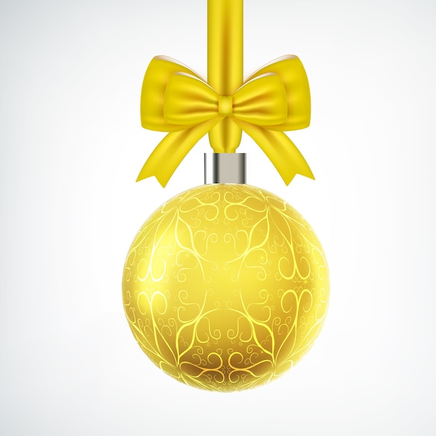Boule de Noël jaune vif avec noeud de ruban blanc
