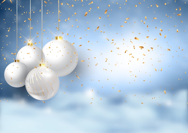 Vecteur gratuit boules de noël sur un paysage enneigé défocalisé