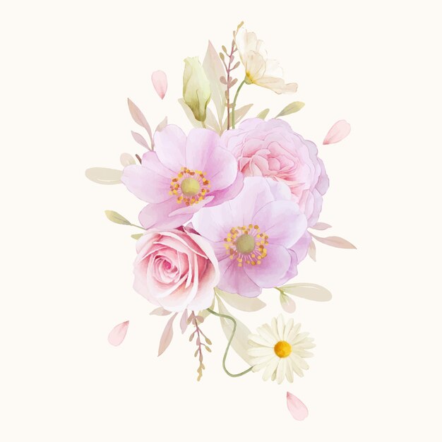 Bouquet d'aquarelle de fleurs de roses et d'anémones