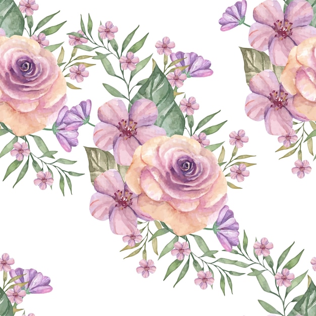 Vecteur gratuit bouquet d'aquarelle de fleurs roses et violettes sur fond de motif