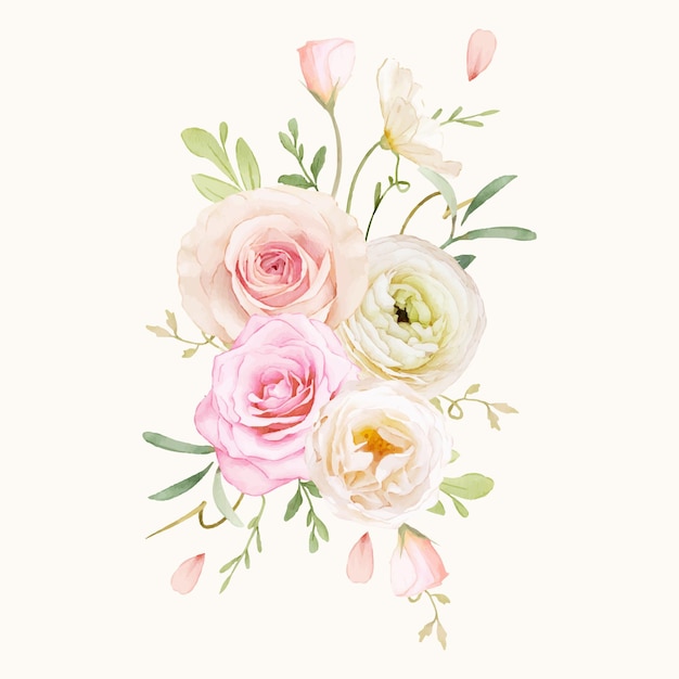 Bouquet aquarelle de roses et renoncules