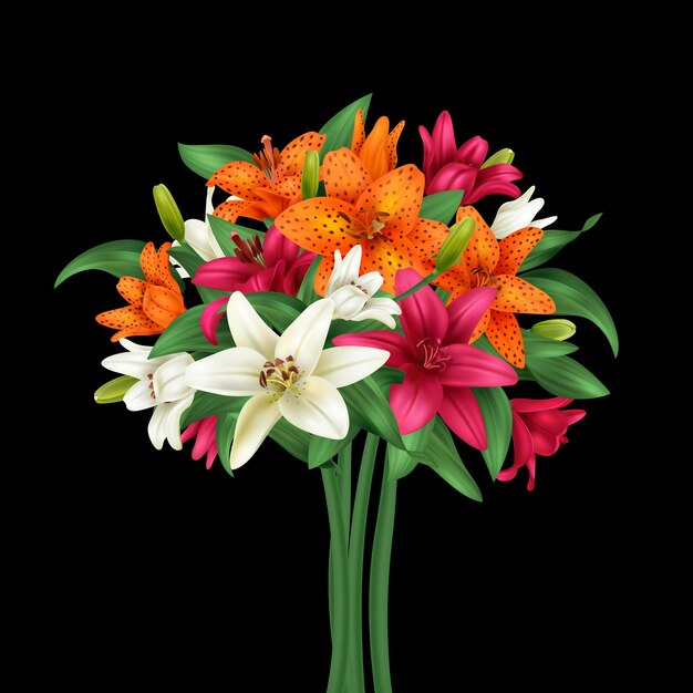 Bouquet De Fleurs De Lys Multicolores Réalistes Sur Illustration Vectorielle Fond Sombre