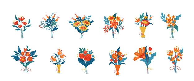 Bouquets colorés de différentes fleurs ensemble d'illustrations vectorielles. Plantes en fleurs comme cadeaux, fleurs de prairie ou de jardin isolées sur fond blanc. Nature, jardinage, décoration, concept botanique