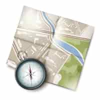 Vecteur gratuit boussole de poche en métal rétro vector avec vue de dessus de carte de voyage isolé sur fond blanc