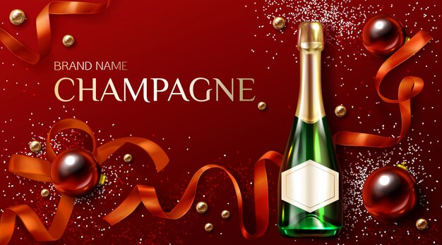 Bouteille de champagne avec décoration de Noël ou du nouvel an. Modèle publicitaire