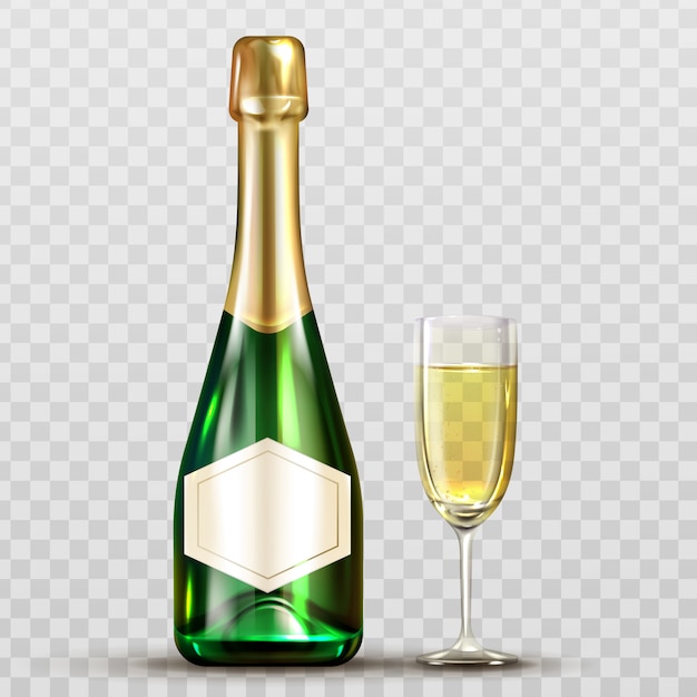 Vecteur gratuit bouteille de champagne et verre à vin isolé clipart