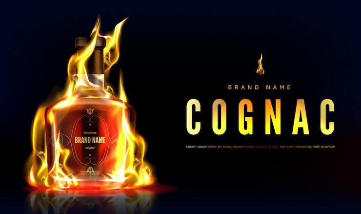 Vecteur gratuit bouteille de cognac en bannière publicitaire de feu. flacon vide en verre brûlant fermé avec une boisson alcoolisée forte sur fond noir avec flamme, annonce de boisson. illustration 3d réaliste