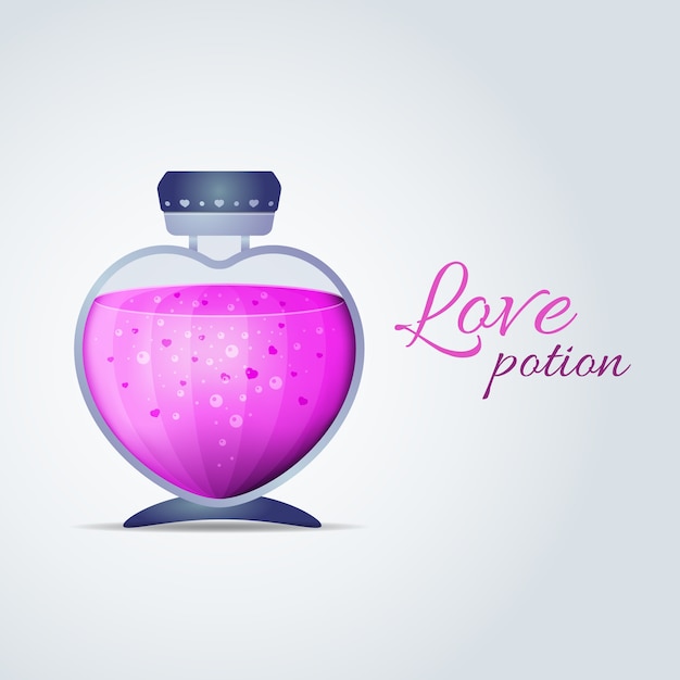 Vecteur gratuit bouteille avec liquide rose en forme de coeur. potion d'amour pour les cartes de la saint-valentin. illustration vectorielle