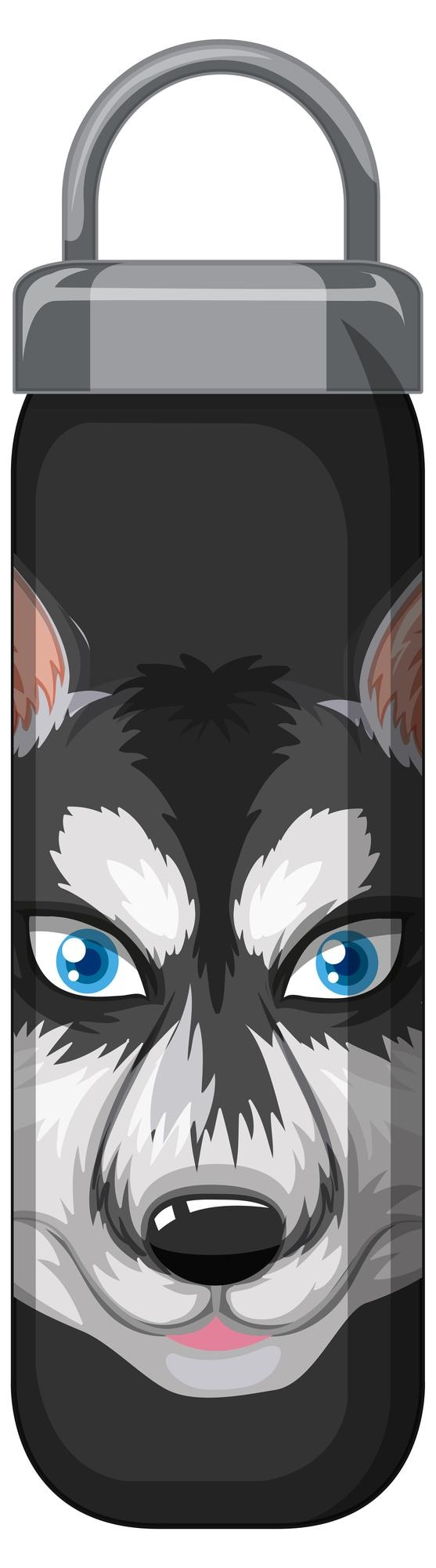 Vecteur gratuit une bouteille thermos noire à motif husky sibérien