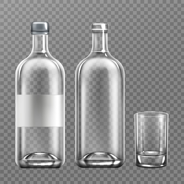 Vecteur gratuit bouteille en verre de vodka réaliste avec verre