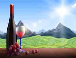 Vecteur gratuit bouteille de vin réaliste et verre avec montagnes