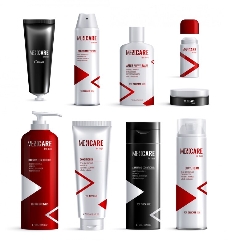 Vecteur gratuit bouteilles de cosmétiques pour hommes design icône réaliste isolé sertie d'illustration de logo de soins homme