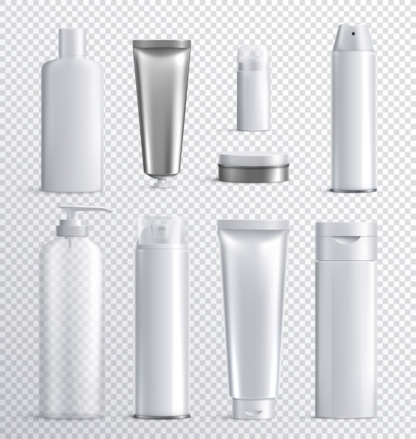 Bouteilles de cosmétiques pour hommes icône réaliste transparente sertie de fond transparent pour le shampooing en spray liquide ou l'illustration de soins de la peau