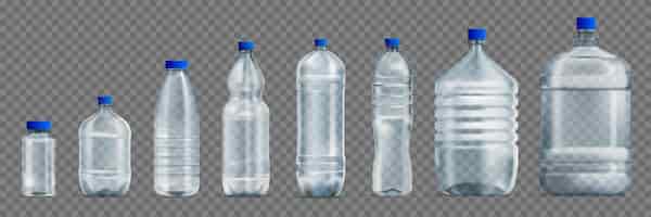 Vecteur gratuit bouteilles d'eau en plastique réalistes sur fond transparent avec des maquettes isolées de forme différente avec illustration vectorielle de bouchons