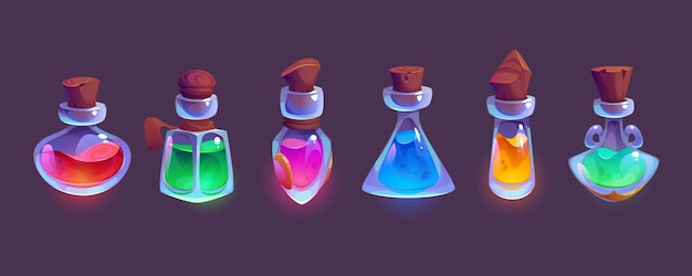 Vecteur gratuit bouteilles d'élixir magique ou potion dessin animé jeu illustration vectorielle ensemble de liquide fantastique brillant dans des bocaux en verre avec des bouchons divers flacons et flacons avec des médicaments colorés ou une boisson empoisonnée