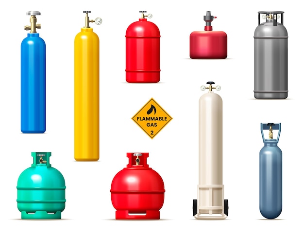 Bouteilles de gaz et réservoirs réalistes avec symboles de gaz inflammables isolés illustration vectorielle