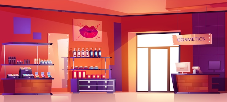 Vecteur gratuit boutique de cosmétiques avec des produits de maquillage, de soin de la peau et de parfum sur les étagères. dessin animé intérieur du magasin de beauté avec caisse sur le comptoir, vitrines avec bouteilles de lotion, produits de soins de la peau et rouges à lèvres