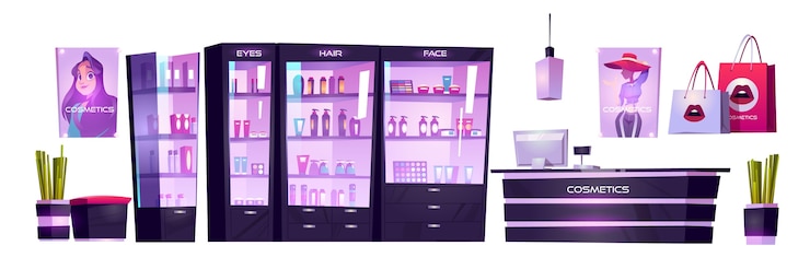 Vecteur gratuit boutique de cosmétiques avec des produits de maquillage, de soin de la peau et de parfum en vitrine ensemble intérieur de dessin animé de vecteur de magasin de beauté avec caisse sur comptoir, étagères avec produits,