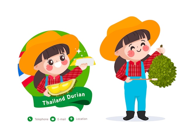 Vecteur gratuit boutique de fruits durian et jolie femme vendeur food store market thaïlande durian monthong meilleure qualité