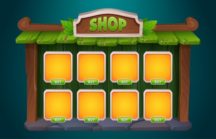 Vecteur gratuit boutique jeu interface design dessin animé vectoriel illustration cadre en bois avec carte pour article et bouton avec prix modèle d'interface utilisateur pour magasin rpg fenêtre de menu en bois pour vendre des accessoires et des artefacts