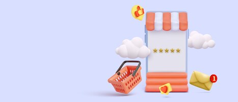 Boutique en ligne avec mobile, panier, courrier, nuages dans un style réaliste. illustration vectorielle