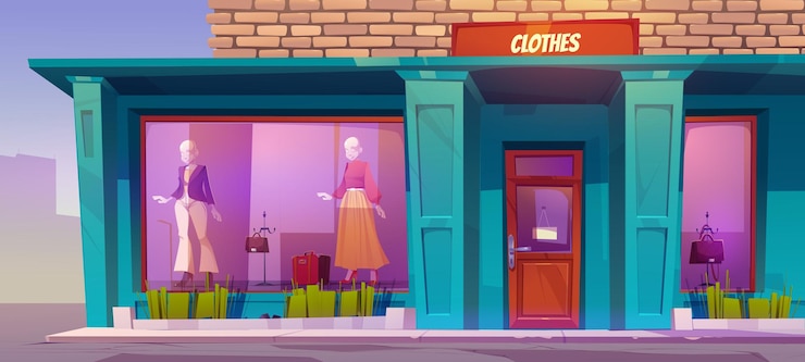 Vecteur gratuit boutique de vêtements de façade de magasin de vêtements avec des mannequins