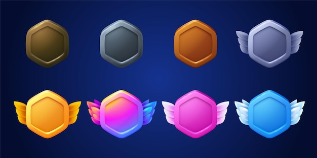 Vecteur gratuit boutons de badges de jeu dans un cadre hexagonal avec des ailes