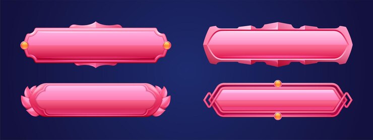 Vecteur gratuit boutons de jeu médiévaux roses éléments de menu de l'interface utilisateur bannières d'interface utilisateur oblongues avec jantes ornées et décor doré barres d'interface graphique royales vides pour bordures de conception de sites web fantastiques rpg jeu d'illustrations vectorielles de dessin animé