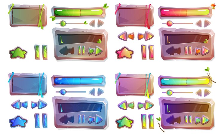 Vecteur gratuit boutons de jeu de pierre de dessin animé éléments de conception gui ou ui