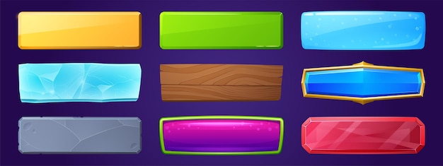 Boutons rectangulaires avec des textures dorées, bois et eau pour la conception de jeux ui. Ensemble de dessins animés vectoriels d'étiquettes brillantes de glace, de pierre, de cristal rouge et de gelée violette isolée sur fond