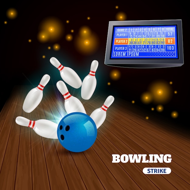 Bowling Strike 3d Composition Avec Frapper La Balle Bleue Sur Les épingles Et Les Résultats Sur Le Tableau De Bord