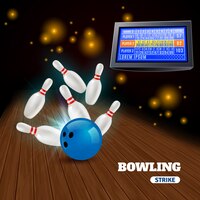 Bowling strike 3d composition avec frapper la balle bleue sur les épingles et les résultats sur le tableau de bord