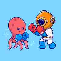 Vecteur gratuit boxe de plongeur mignon avec octopus icône vectorielle de dessin animé illustration science sport vecteur plat isolé