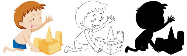 Boy Building Chateau De Sable Avec Son Contour Et Sa Silhouette Vecteur Gratuite