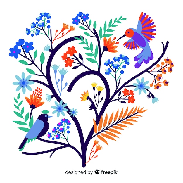 Branche Florale Plate Colorée Avec Oiseau