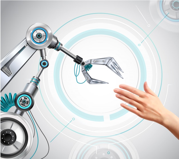 Bras robotique et main humaine tendant la main vers une composition réaliste de haute technologie