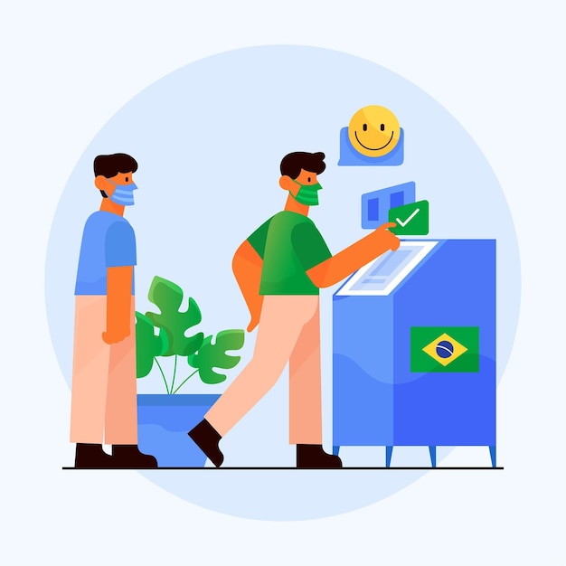 Brésil Gens File D'attente De Vote Avec Illustration De Masque Facial