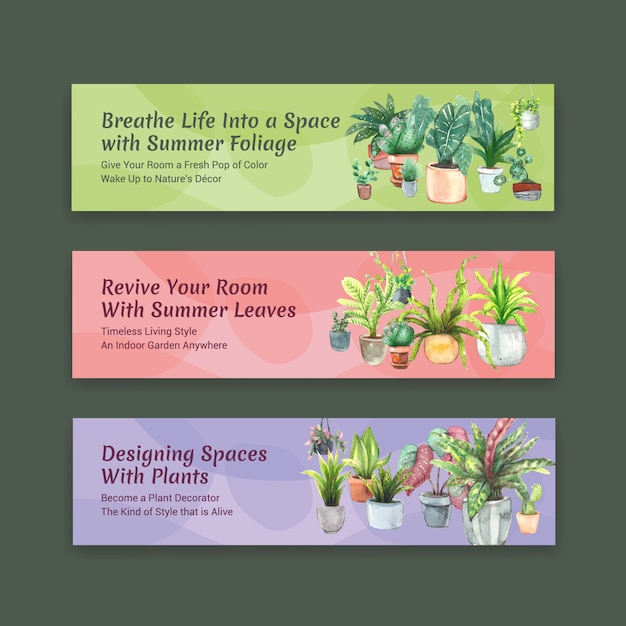 Vecteur gratuit brochure de conception de modèle de bannière de plantes d'été, dépliant, publicité et livret illustration aquarelle