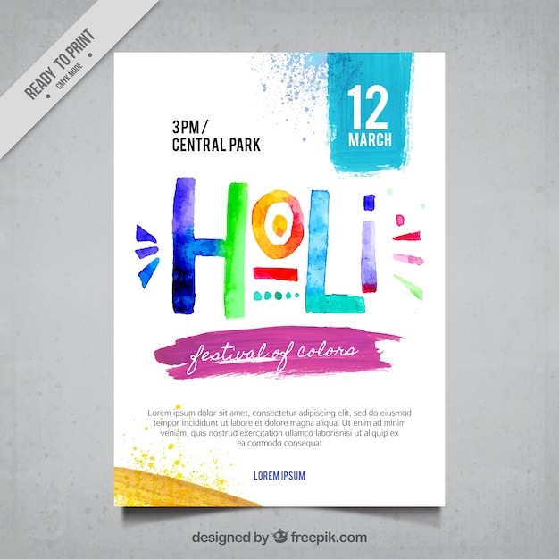 Vecteur gratuit brochure du festival holi dans le style d'aquarelle