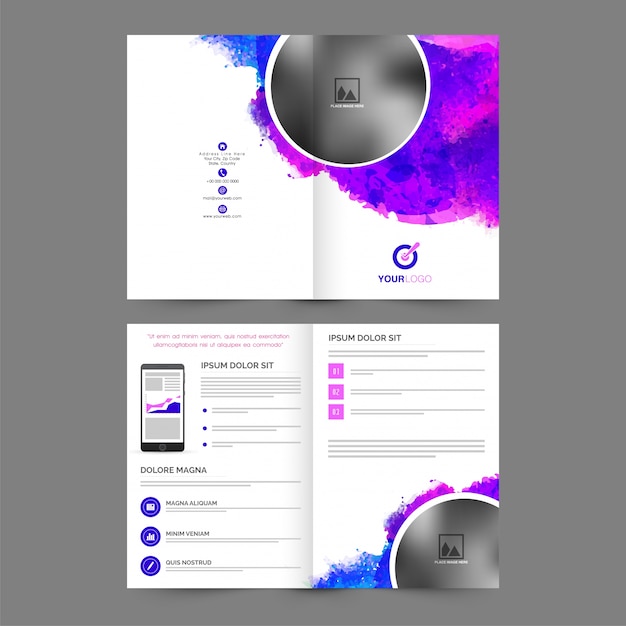 Vecteur gratuit brochure d'entreprise, business template design avec des splash colorés abstraits et de l'espace pour vos images.