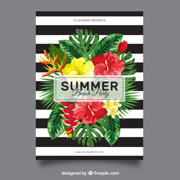 Vecteur gratuit brochure rayée blanche et noire avec fleurs de fête d'été