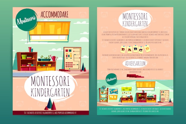 Brochures Avec Le Jardin D'enfants Montessori, Enseignant Dans Une Institution Préscolaire De Dessins Animés