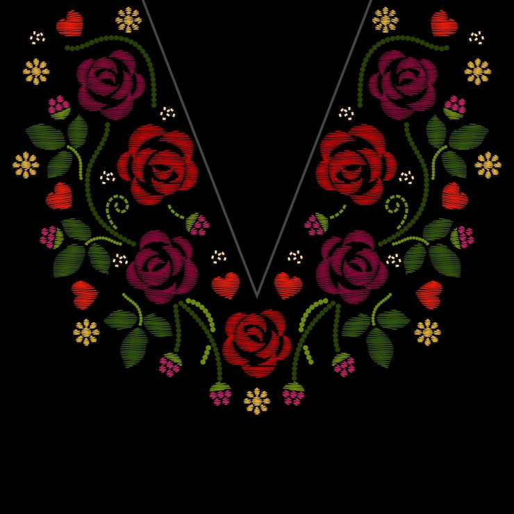 Vecteur gratuit broderie de ligne de cou avec illustration de fleurs roses. f