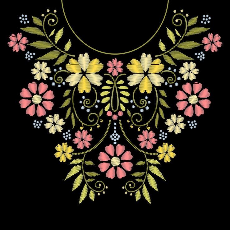 Vecteur gratuit broderie de ligne de cou avec illustration de motif de fleur