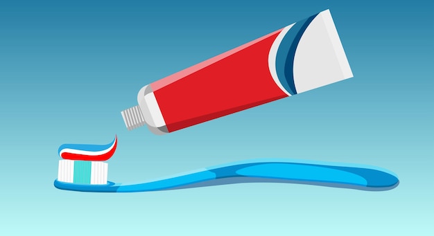 Brosse à dents bleue avec pâte colorée et tube de dentifrice en rouge, bleu et blanc sur fond dégradé bleu clair. concept se brosser les dents, la bouche. copiez l'espace. illustration vectorielle