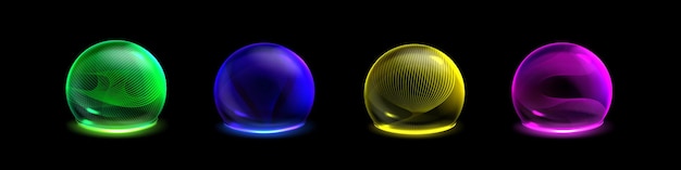 Vecteur gratuit bulle de sphère 3d protège l'effet de barrière de bouclier dôme de boule de verre avec cyber-grille abstraite technologie énergétique sécurisée pour la défense magique blockchain néon rond garde immunitaire en jaune vert rose et bleu