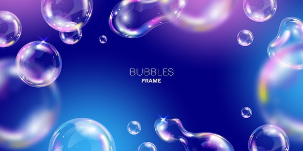 Vecteur gratuit bulles de savon colorées réalistes sur illustration vectorielle de fond bleu cadre